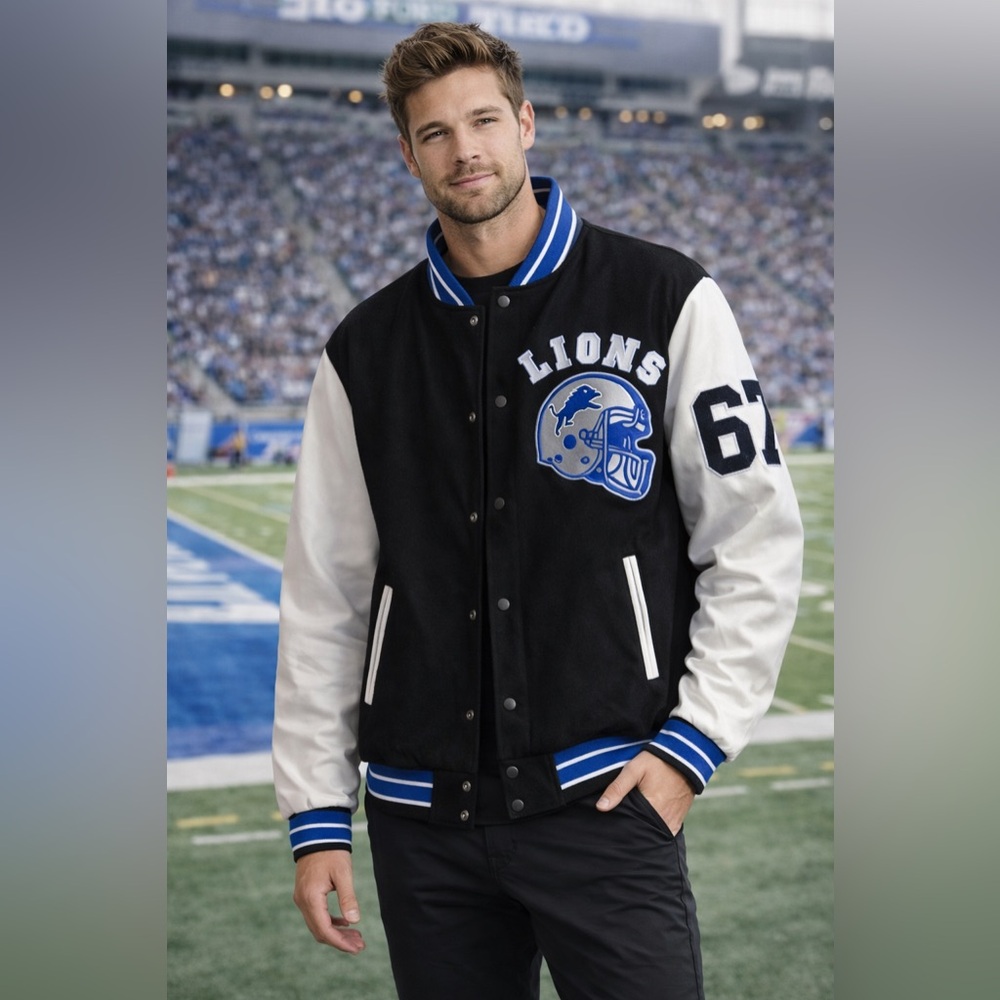 Black and White Varsity Bomber Jacket with Blue Trim